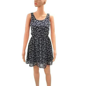 Navy Blue Floral Sleeveless Dress with Elastic Waist
